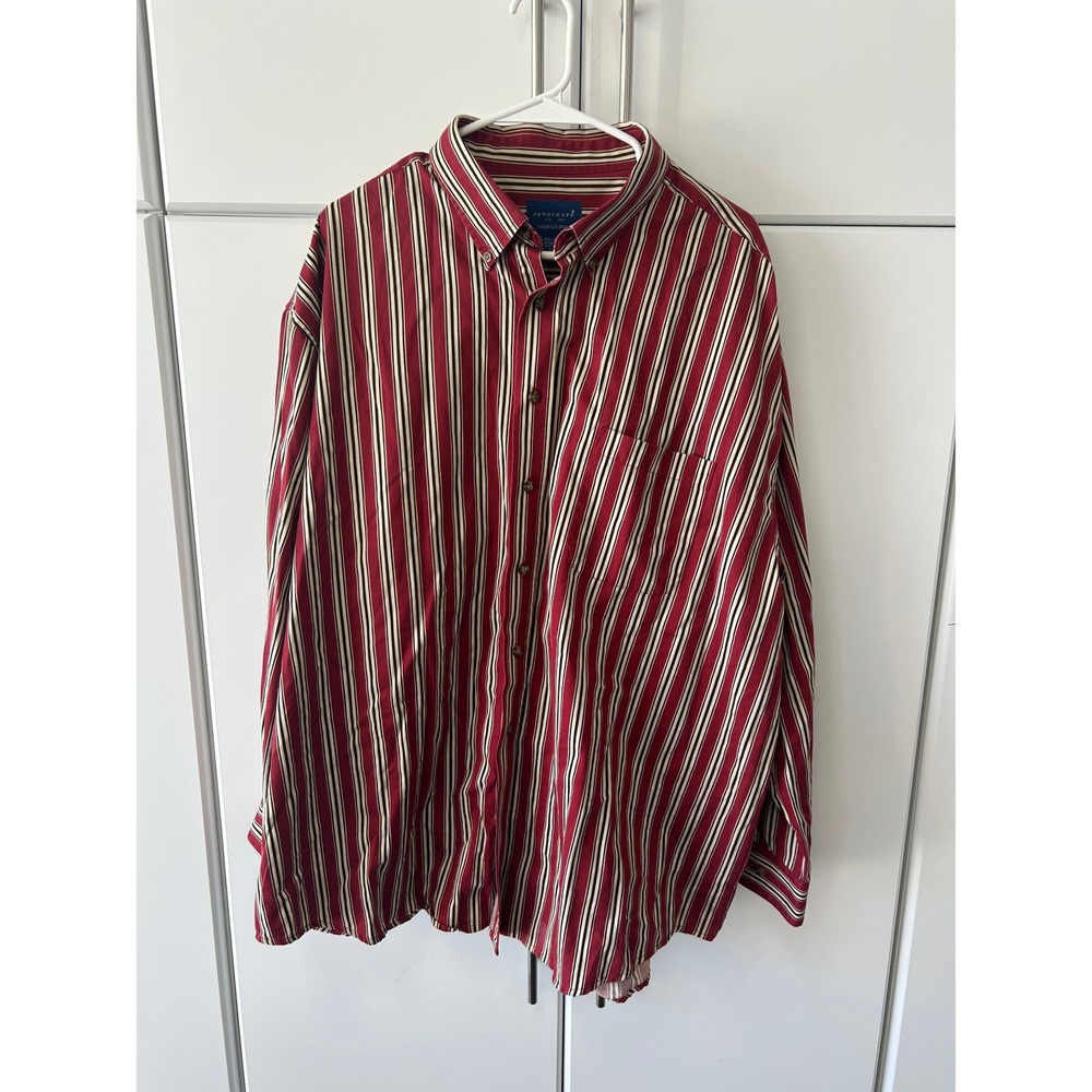 Towncraft Mens XXL Red Striped Button Down Shirt Wrinkle Free Cotton Long Sleeve